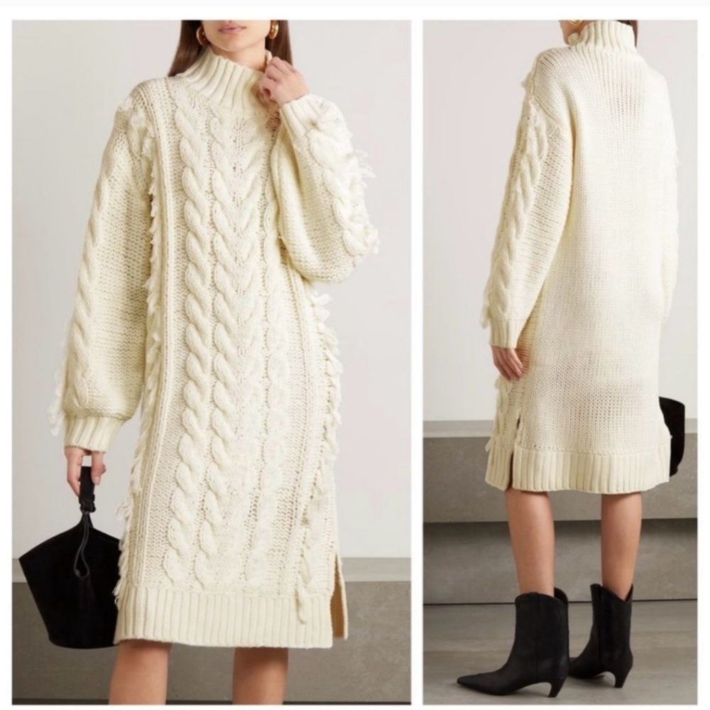 Farm Rio Fringe Chunky Cable Knit Long Sleeve Sweaterdress Casual Small